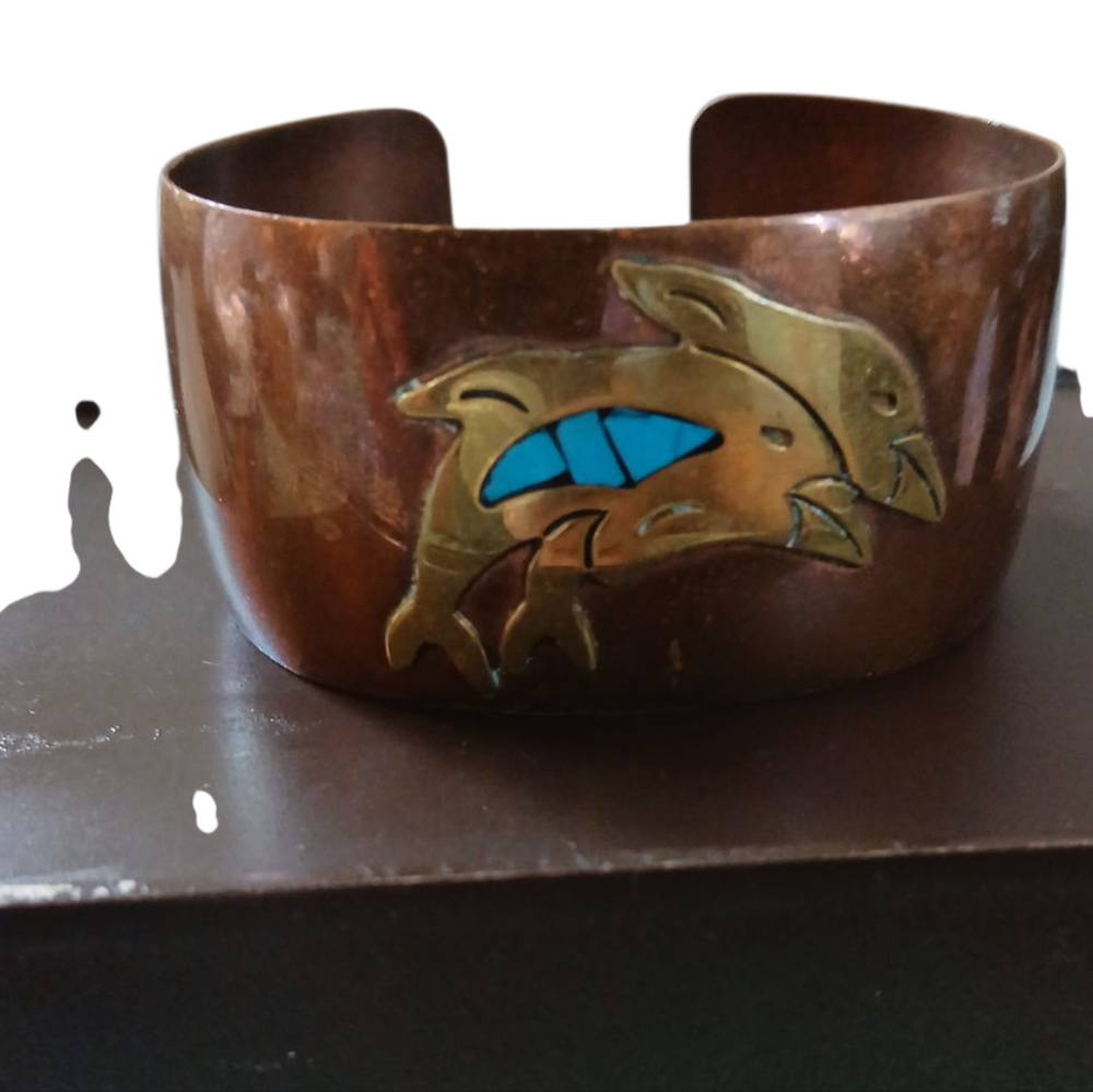 VINTAGE | Mexican Copper Brass Turquoise Cuff Bracelet Stamped JJ